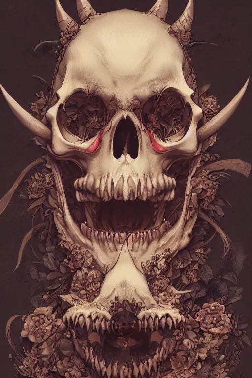 Image similar to a portrait of a japanese devil skull animal illustrated by miyazaki by karol bak, james jean, tom bagshaw, rococo, sharp focus, trending on artstation, cinematic lighting, hyper realism, octane render, 8 k, hyper detailed, vivid, ultra detailed, highly detailed