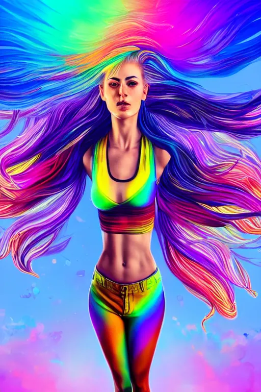 Image similar to a award winning half body portrait of a beautiful woman with stunning eyes in a croptop and cargo pants with rainbow colored ombre hairstyle head in motion and hair flying by thomas danthony, surrounded by whirling illuminated liquids, outrun, vaporware, shaded flat illustration, digital art, trending on artstation, highly detailed, fine detail, intricate