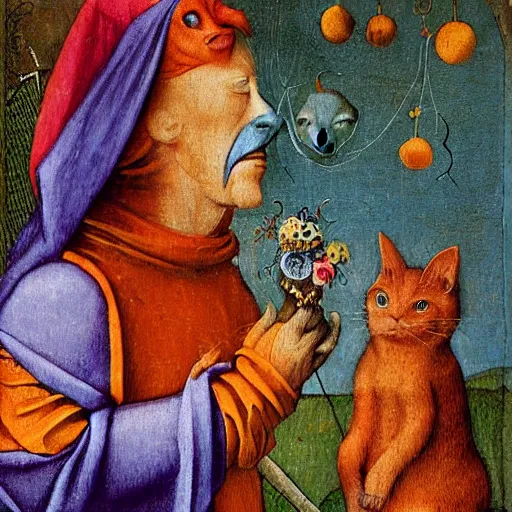 Prompt: trickster orange cat with a jester cat and a humanoid face wearing blue embroidered moroccan dress and a purple headscarf in the style of hieronymus bosch, highly detailed, ultra realistic, 4 k
