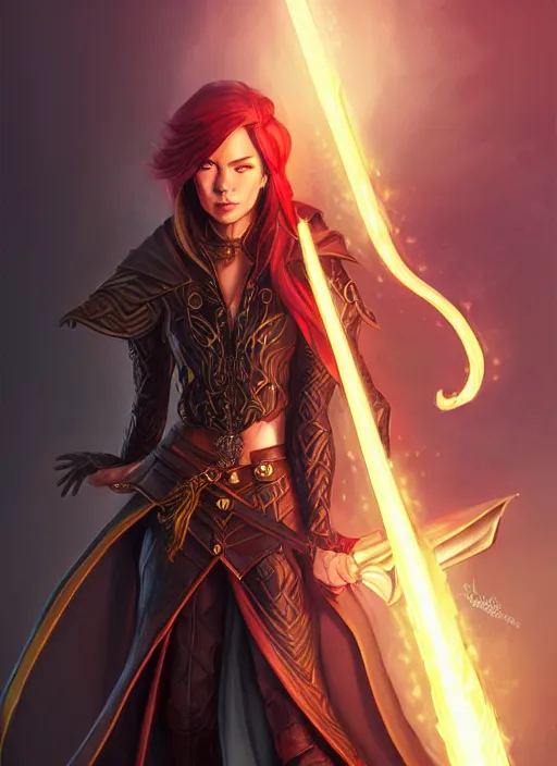 Image similar to portrait of a mix between wizard and rogue, female, shiny fire spell and dagger, leather robes, high fantasy, dnd, face details, extremely detailed, smooth, sharp focus, digital illustration, by artgem, rossdraws, sakimichan