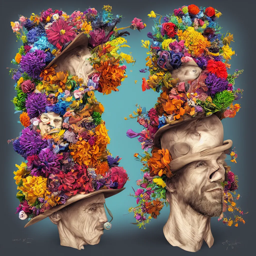 Prompt: a raytraced image album cover of a man with a strange hat on his head, behance contest winner, award winning, masterpiece, pop surrealism, made of flowers, surrealist