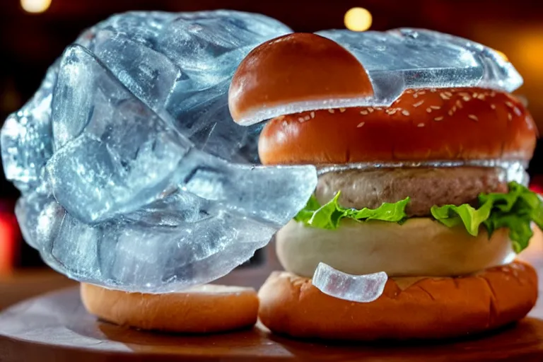 Image similar to a clear ice sculpture of a burger made entirely of ice, 4 k