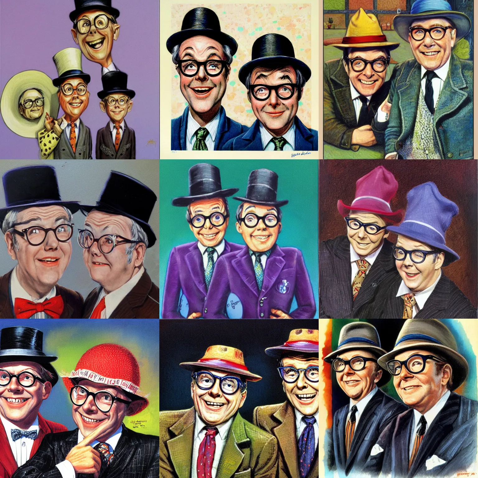 Prompt: A portrait of Eric Morecambe and Ernie Wise in hats by Frank Kelly Freas