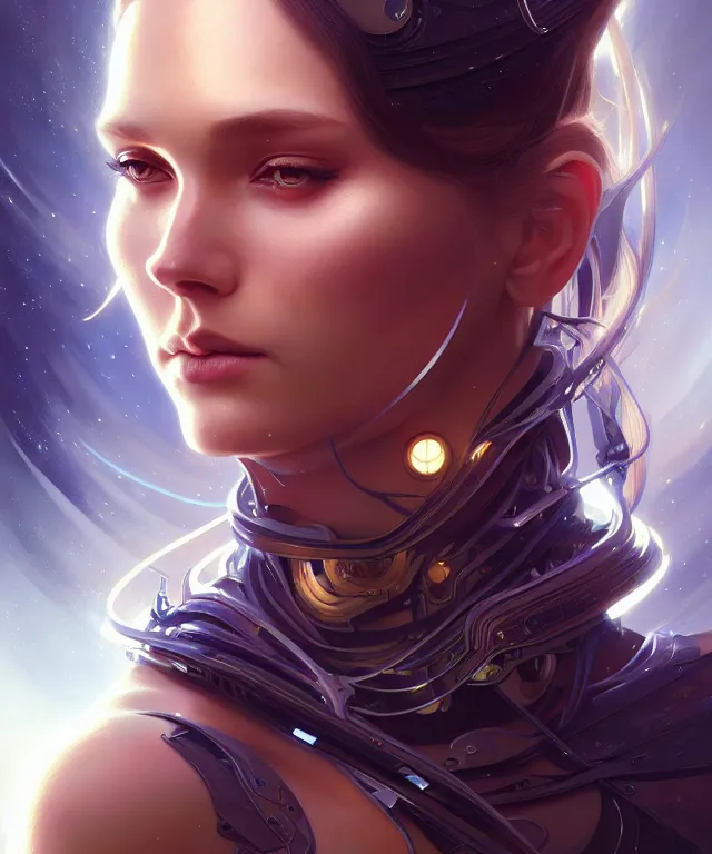 Image similar to futuristic woman portrait, sci-fi, amber eyes, face, long hair, fantasy, intricate, elegant, highly detailed, digital painting, artstation, concept art, smooth, sharp focus, illustration, art by artgerm and greg rutkowski and alphonse mucha