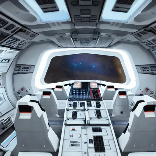 Image similar to flight deck inside a sci-fi spaceship escape pod that is haunted. clean white interior, large window to view outer space, raytraced, highly detailed, z-brush, corona render, 4k