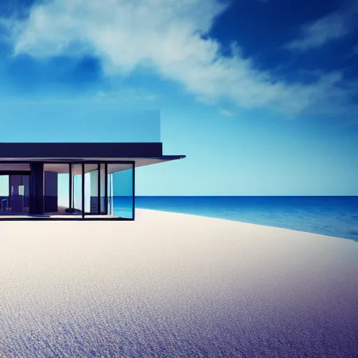Prompt: a modern house made of glass on a beautiful fantasy beach, clear blue sky, digital art, epic composition, hd, 4 k, octane renderer, professional, intricate detail