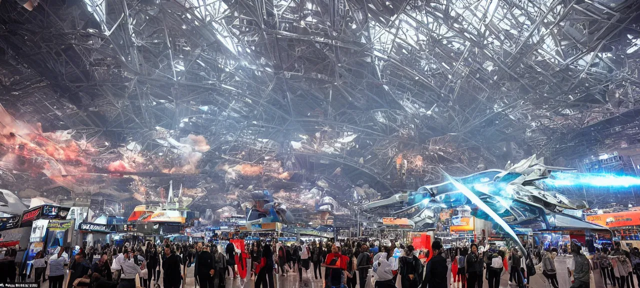 Image similar to A view of the world biggest exhibition of futuristic weapons, showcases full of interesting incredible mechanisms and components, photorealistic image, lighting from spotlights, reflections, refractions, volumetric smoke, pyroshow, physics, wow atmosphere