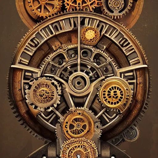 Image similar to A symmetrical and highly detailed illustration of a gears, cogs, and steam punk machinery, steam punk, highly detailed, by Butcher Billy and Filip Hodas