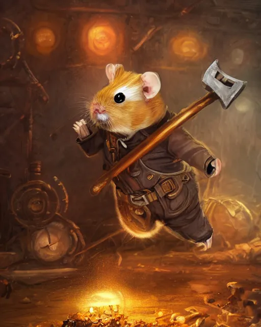 Prompt: oil painting of anthropomorphized hamster hitting floor with pickaxe, steampunk clothes, close shot, full body, dark steampunk mine shaft background, sharp focus, fantasy style, octane render, volumetric lighting, 8k high definition, by greg rutkowski, highly detailed, trending on art Station, dungeons and dragons artwork, centered