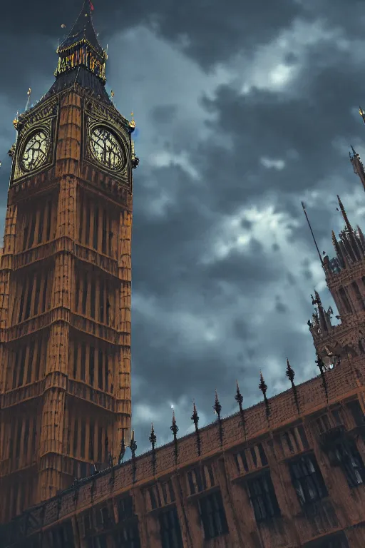 Image similar to photography of a highly detailed ghost pirate ship flying in the sky. big ben, london background. intricate, hyper realism, professional digital art, unreal engine 5, 8 k render, sharp focus, trending on art station.