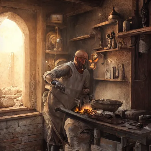 Image similar to distant shot painting of a blacksmith, ultra realistic, concept art, intricate details, eerie, highly detailed, medieval, photorealistic, octane render, 8 k, unreal engine 5, art by alexandros pyromallis