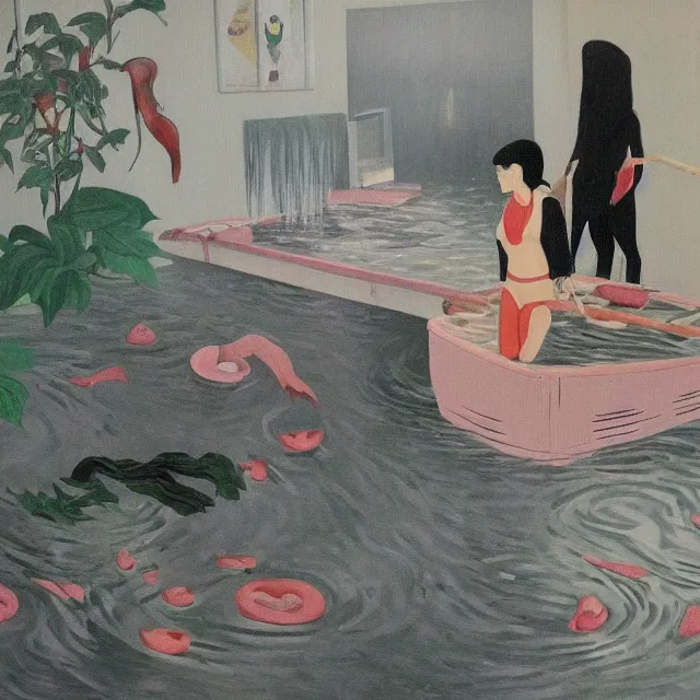 Image similar to tall female emo vegan socialist artist in their flooded apartment, painting of flood waters inside an artist's home, a river flooding indoors, pomegranates, pigs, ikebana, zen, water, octopus, river, rapids, waterfall, black swans, canoe, berries, acrylic on canvas, surrealist, by magritte and monet