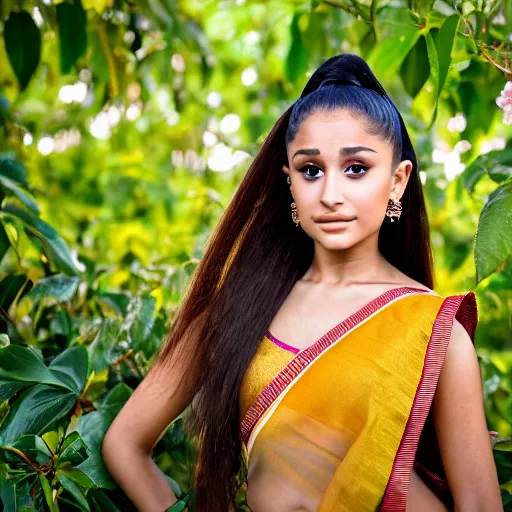 Prompt: close up Portrait of ariana grande as beautiful young teen girl wearing assamese bihu mekhela sleeveless silk saree and gamosa in Assam tea garden, XF IQ4, 150MP, 50mm, F1.4, ISO 1000, 1/250s, attractive female glamour fashion supermodel photography by Steve McCurry in the style of Annie Leibovitz, face by Artgerm, daz studio genesis iray, artgerm, mucha, bouguereau, symmetrical balance, in-frame, Facial Retouch, gorgeous, detailed anatomically correct face!! anatomically correct hands!! amazing natural skin tone, 4k textures, soft cinematic light, Adobe Lightroom, photolab, HDR, intricate, elegant, highly detailed,sharp focus