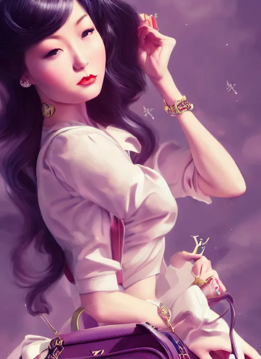 Image similar to a pin up and beautiful fashion dreamlke japan girl with lv jewelry, character art, art by artgerm, wlop, loish, hyperdetailed, 8 k realistic, symmetrical, global illumination, radiant light, frostbite 3 engine, cryengine, dof, trending on artstation, digital art, chanel, dior, detailed background