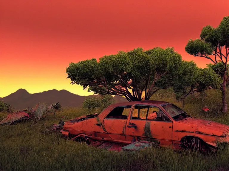 Image similar to low angle shot of tree growing inside scrap car in the foreground. overgrown. soft golden red sunset over the mountains in the background. clouds. detailed leaves, the style of 1 9 9 0's cg graphics against the cloudy night sky, lsd dream emulator psx, 3 d rendered y 2 k aesthetic by ichiro tanida, 3 do magazine, wide shot