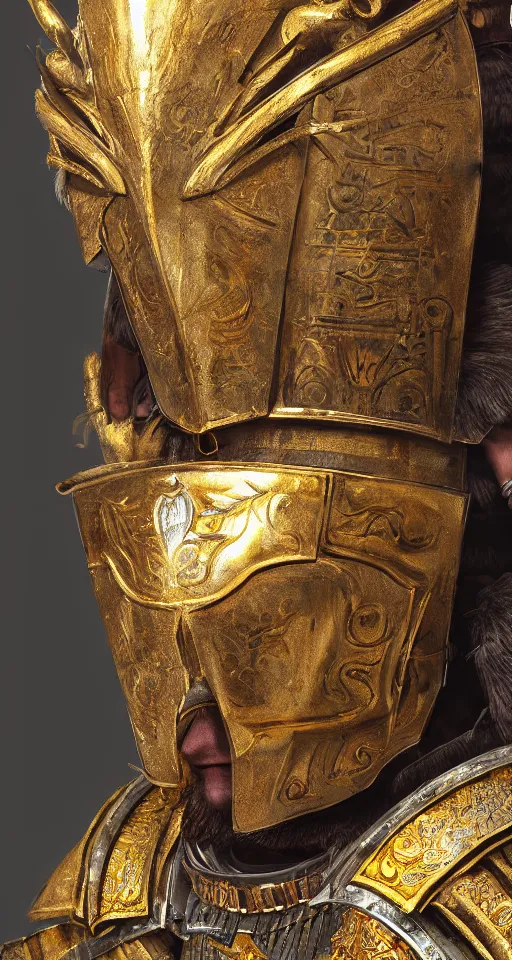 Prompt: Extremely high detail photo of a knight wearing an Inca themed full body armor, golden details revealing his Peruvian face, symmetric, long sword, kingdom, high detail painting, digital art, Trending on Artstation