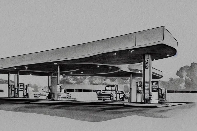 Image similar to a pencil and watercolor art of a beautiful luxurious gas station, retro and 1 9 8 0 s style, beautiful architecture, retro coloring, retro and 1 9 8 0 s style, retro and 1 9 8 0 s filter, black and white, no color