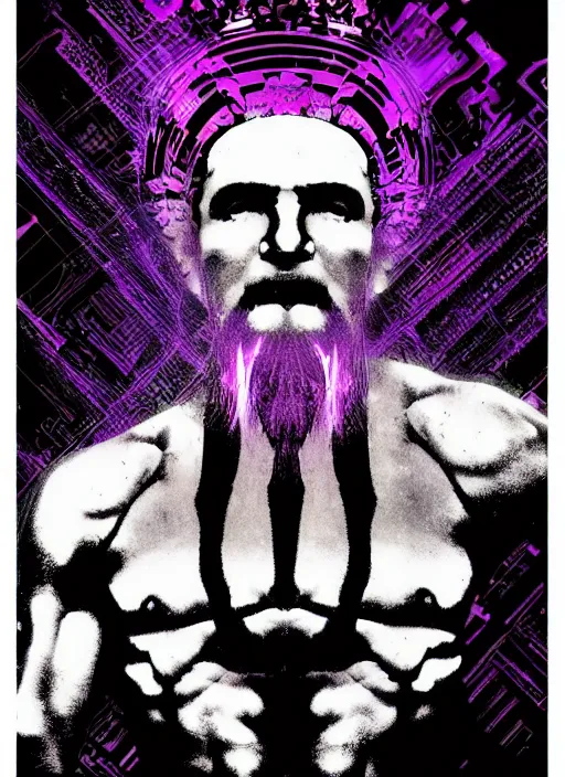 Image similar to dark design poster showing a heroic statue of zeus, black background with very subtle purple red design elements, powerful, nekro, vito acconci, thin straight lines, dark, glitch art, neo vaporwave, gritty, layout frame, square, trending on artstation