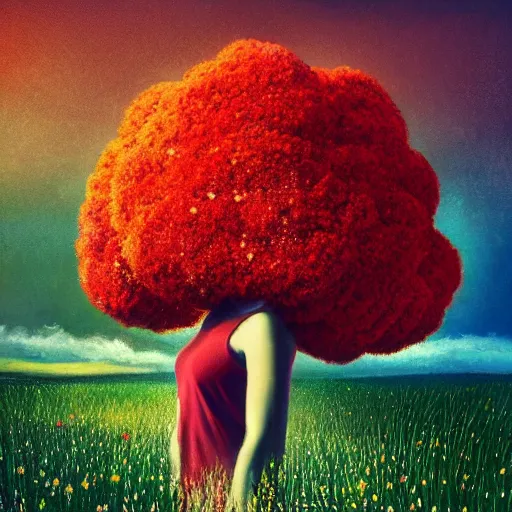 Image similar to giant red flower afro, full body, girl frontal in the middle of a field with flowers, surreal photography, hills, sunrise dramatic light, impressionist painting, colorful clouds, digital painting, pointillism, artstation, simon stalenhag