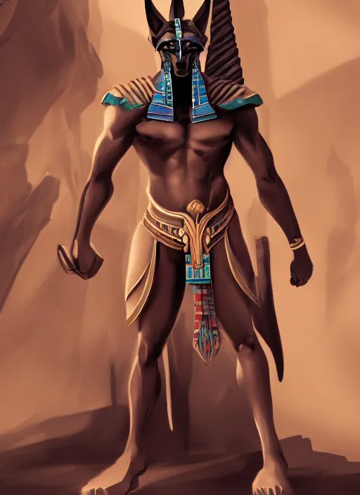 Image similar to detailed beautiful cool male character art depicting anubis, egyptian, concept art, depth of field, on amino, by sakimichan patreon, wlop, weibo, bcy. net, colorhub. me high quality art on artstation.