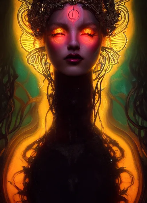 Image similar to a portrait of bio - luminescent beautiful demon queen in deep, black darkness, shining eyes, neon colors, illustration, dramatic lighting, soft details, painting oil on canvas, art nouveau, octane render, hdr, 4 k, 8 k, hd, by edmund blair leighton, brom, charlie bowater, trending on artstation, faces by tom bagshaw, sargent