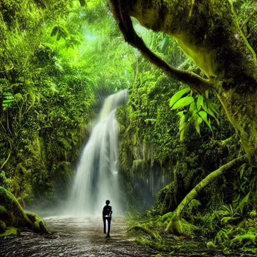 Prompt: 4 k realistic photo of a man walking through a jungle, lush rainforest, waterfall in the background, high definition