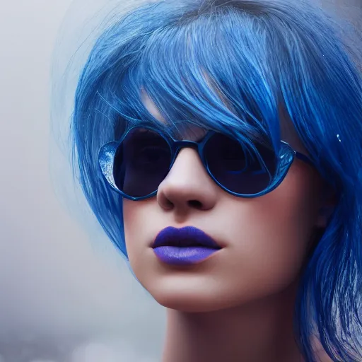 Image similar to highly detailed portrait of pretty lady with shifting shades of blue hair standing in a downpour, 4k resolution