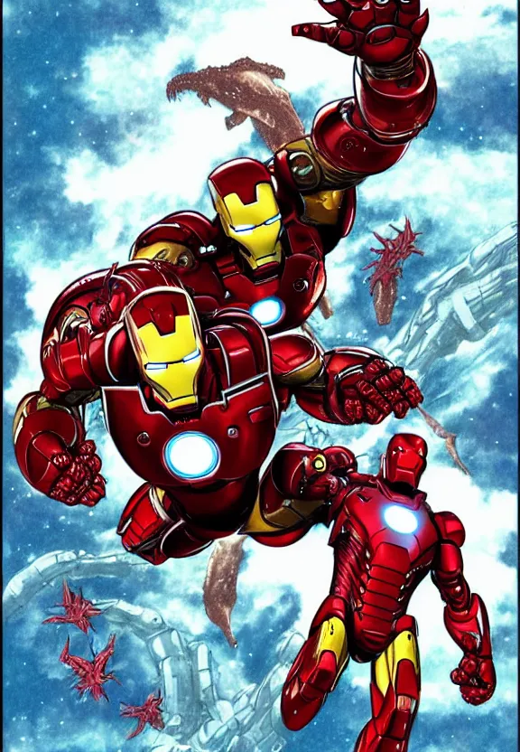 Image similar to iron man fighting a giant kaiju, comic book style illustration