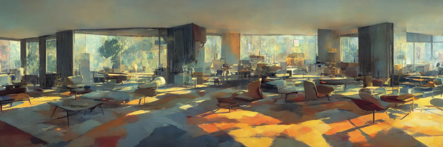 Image similar to midcentury architecture. modernism. rays of light filling the room. warm colors. wide shot. craig mullins.