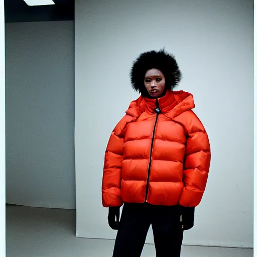 Image similar to realistic! photoshoot for a new balenciaga lookbook, color film photography, portrait of a beautiful woman wearing a puffer jacket, photo in style of tyler mitchell, 35mm