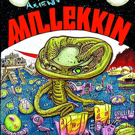 Image similar to an alien market, drawn like Rick and moray