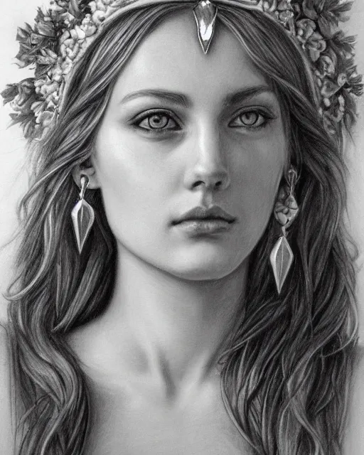 Prompt: long shot realism pencil drawing of the beautiful greek goddess aphrodite wearing a laurel wreath and arrowhead earrings, beautiful confident eyes, beautiful flowing hair, white god eyes, hyper realistic face, in the style of greg rutkowski, fantasy, amazing detail, epic, elegant, smooth, sharp focus, from the front