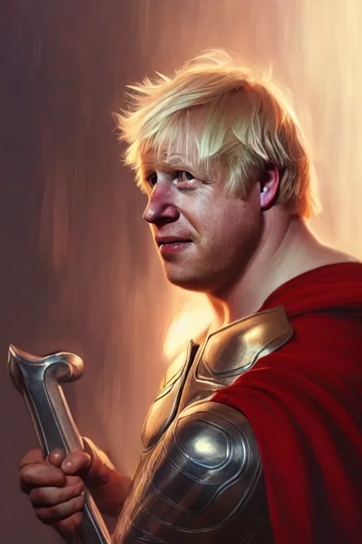 Prompt: Boris Johnson as Thor, Boris Johnson hairstyle, masculine figure, highly detailed, digital painting, artstation, concept art, smooth, sharp focus, illustration, cinematic lighting, art by artgerm and greg rutkowski and alphonse mucha