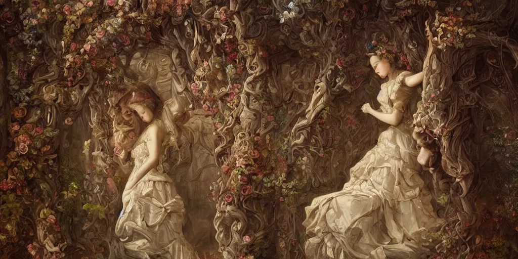 Image similar to a stunning and noble highly detailed romantic period style painting of the place where gods come into being by james jean, josep tapiro baro and harles sillem lidderdale, trending on artstation, oil painting masterpiece, symmetry, rule of thirds, mysterious