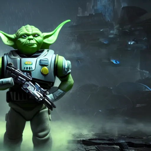 Image similar to yoda as buzz lightyear buzz lightyear in gears of war, splash art, movie still, cinematic lighting, dramatic, octane render, long lens, shallow depth of field, bokeh, anamorphic lens flare, 8 k, hyper detailed, 3 5 mm film grain