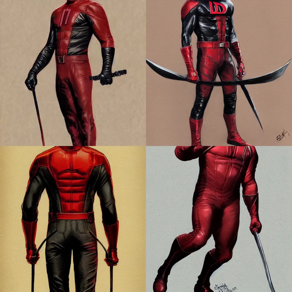 Image similar to daredevil concept art leather suit billy stick painted by jc leyendecker