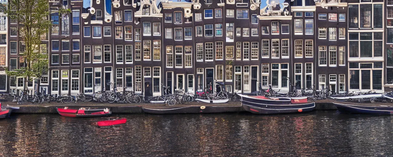 Image similar to view of houses in amsterdam, with water and boats, photography, 3 5 mm, hyper realistic, 8 k, unreal engine, illustration, happy cinematic sunrise lighting, tilt shift, crimson - black