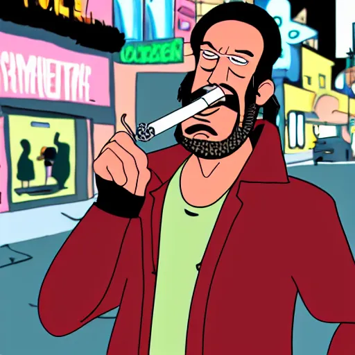 Prompt: cinematic shot of Carl from Aqua Teen Hunger Force wearing a black leather jacket and smoking a cigarette on a city street at night, 8k,