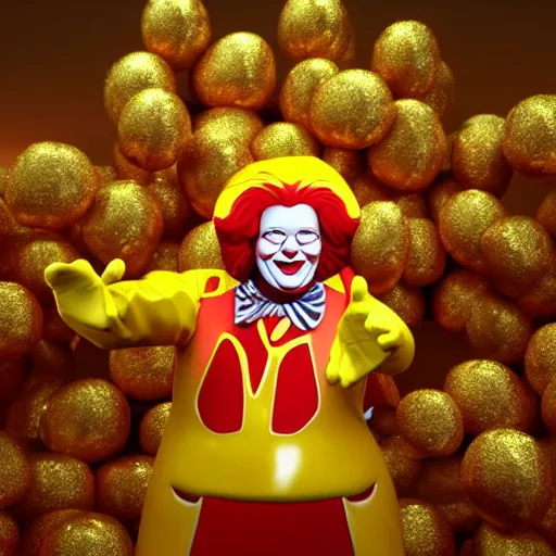 Image similar to A still of Ronald McDonald surrounded by gold and diamonds, Award-winning, photograph, 3d render, unreal engine, 4k detailed