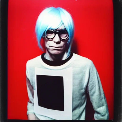 Image similar to Polaroid Portrait of Andy Warhol doing anime cosplay, taken in the 1970s, photo taken on a 1970s polaroid camera, grainy, real life, hyperrealistic, ultra realistic, realistic, highly detailed, epic, HD quality, 8k resolution, body and headshot, film still, front facing, front view, headshot and bodyshot, detailed face, very detailed face