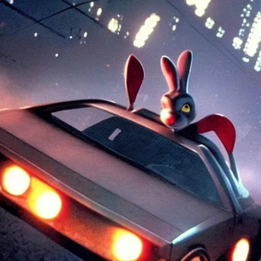 Prompt: roger rabbit starring in blade runner, cinematic still, roger rabbit in a flying delorean, high quality, futuristic
