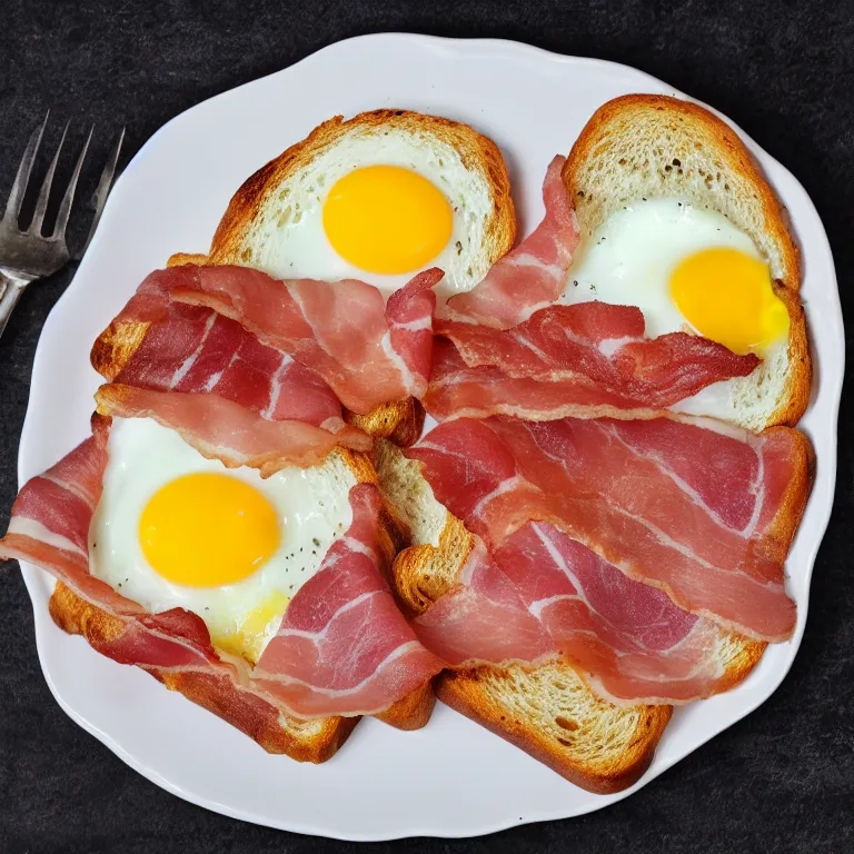 Prompt: bacon, eggs, ham and buttered toast on a plate