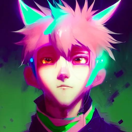 Image similar to a beautiful portrait of a handsome anime male boy with pink hair and pink wolf ears and green eyes wearing cyberpunk clothes. character design by cory loftis, fenghua zhong, ryohei hase, ismail inceoglu and ruan jia. artstation, volumetric light, detailed, photorealistic, fantasy, rendered in octane