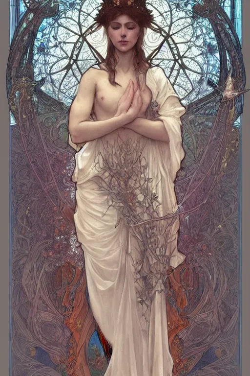 Image similar to a full body portrait of a beautiful ethereal delicate nordic mage queen meditative sacral pose catholic stages of the cross, intricate, elegant, highly detailed, digital painting, artstation, concept art, smooth, sharp focus, illustration, art by krenz cushart and artem demura and alphonse mucha