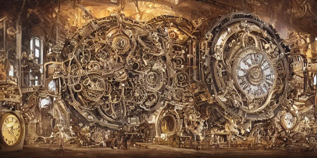 Prompt: Beautiful steampunk Swiss chalet made of intricate watch parts, cogs, gears, gearwheels, levers, jewels, shiny silver, shiny gold, architectural render, futuresynth, by Gabriel Dawe, by Skottie Young, by Jessica Rossier, by Isaac Cordal, Rolex, Breitling, Jacob & Co, Omega, Tag Heur