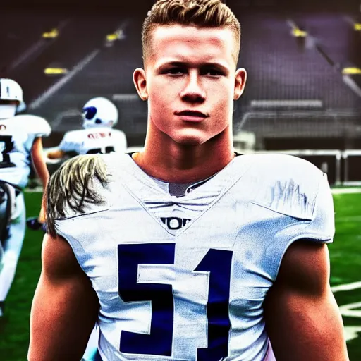 Image similar to “ a realistic detailed photo of a guy who is an attractive humanoid who is half robot and half humanoid, who is a male android, football player christian mccaffrey, shiny skin, posing like a statue, blank stare, on the field, on display ”