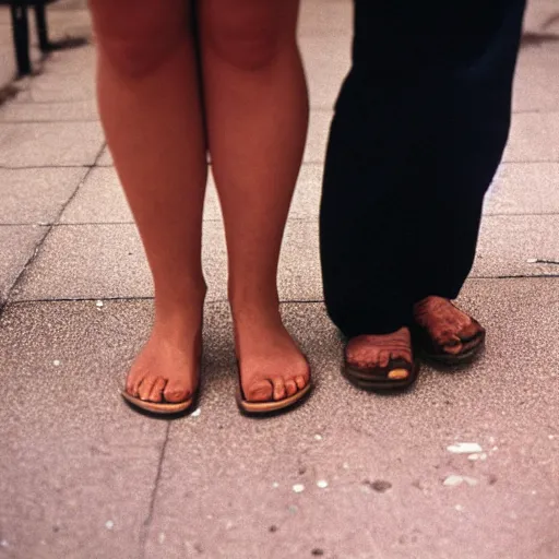 Image similar to a photograph of two people's legs facing in opposite directions, portra 400, 50mm lens, grainy, film, bokeh, shallow depth of field