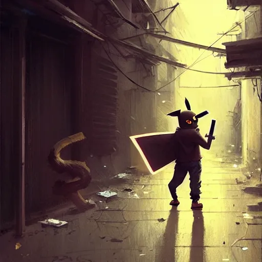 Prompt: pikachu wielding a machete and mugging people in a back alley, art by greg rutkowski, intricate, elegant, highly detailed, smooth, sharp focus, artstation