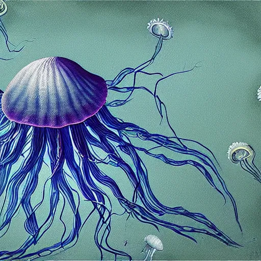 Prompt: a painting of a jellyfish in blue water, a digital painting by Earnst Haeckel, featured on deviantart, digital art, bioluminescence, luminescence, black background