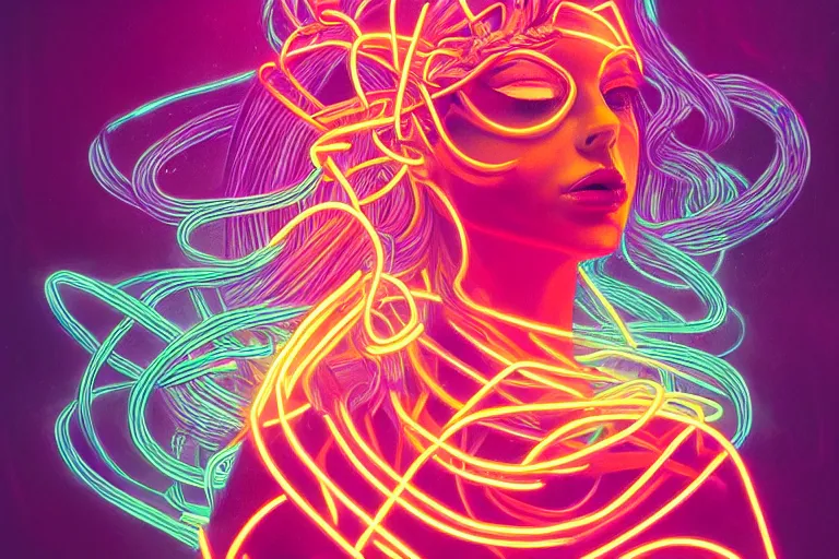 Image similar to photo of surreal medusa gorgo in neon lighting, elegant, highly detailed, smooth, sharp focus, trippy, dmt, psychedelic, illustration, beautiful, geometric, trending on artstation, cinematic, artwork by WLOP